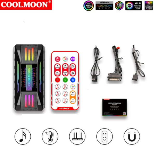 COOLMOON Temperature Control Cooling Fan 12CM Dual Aperture Computer Liquid Cooling 5V Shenguang Sync ARGB Case Fan (Music Temperature Control ARGB 4-in-1 [Black])