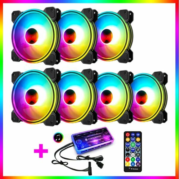 COOLMOON Ray X 12cm Fan Multi-layer Luminous Silent Desktop Computer Chassis Cooling RGB Fan (7 Ray X Fans + 1 Set of Music Controllers)