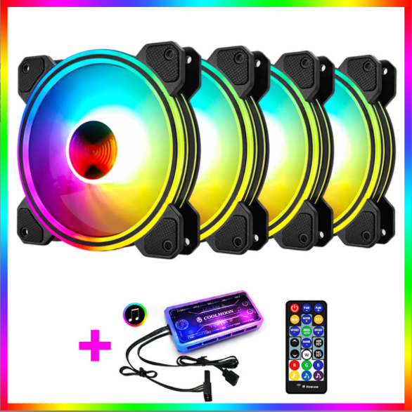 COOLMOON X 12cm Fan Multi-layer Luminous Silent Desktop Computer Case Cooling RGB Fan (4 Ray X Fans + 1 Set of Music Controllers)