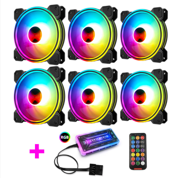 COOLMOON Ray X 12cm Fan Multi-layer Luminous Silent Desktop Computer Chassis Cooling RGB Fan (6 Ray X Fans + 1 Set of Standard Controllers)