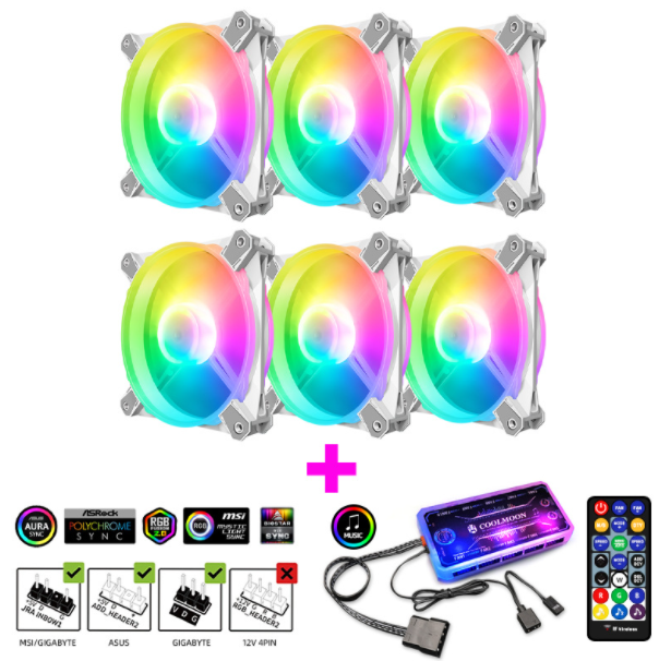 COOLMOON X3 Case Fan 12cm Silent ARGB Desktop Case Cooling Computer Fan (6 Battleframe X3 Fans + Music ARGB Controller)