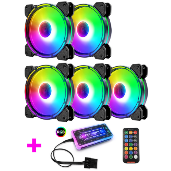 Optical Wheel 2 RGB Case Fan 12cm Desktop Computer Inner and Outer Illuminated Fine Aperture Silent Color-Changing Case Fan (5 Optical Wheel II Internal and External Illuminated Fans + 1 Set of Standard Controllers)