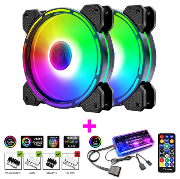 Optical Wheel 2 RGB Case Fan 12cm Desktop Computer Inner and Outer Illuminated Fine Aperture Silent Color-Changing Case Fan (2 Optical Wheel II Internal and External Illuminated Fans + 1 Set of Music ARGB Controller)
