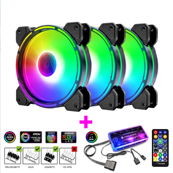 Optical Wheel 2 RGB Case Fan 12cm Desktop Computer Inner and Outer Illuminated Fine Aperture Silent Color-Changing Case Fan (3 Optical Wheel II Internal and External Illuminated Fans + 1 Set of Music ARGB Controller)