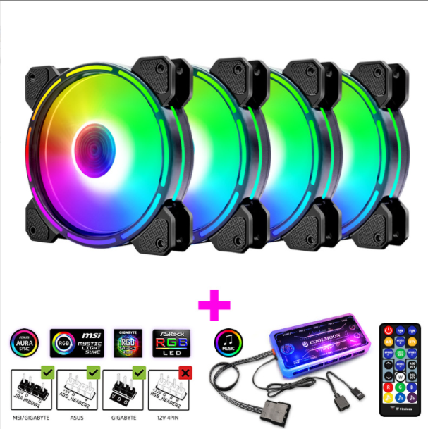 Optical Wheel 2 RGB Case Fan 12cm Desktop Computer Inner and Outer Illuminated Fine Aperture Silent Color-Changing Case Fan (4 Optical Wheel II Internal and External Illuminated Fans + 1 Set of Music ARGB Controller)