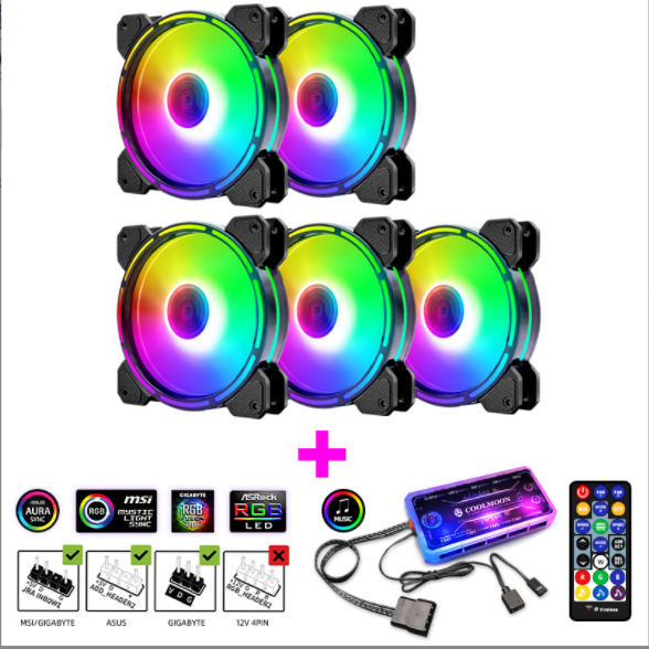 Optical Wheel 2 RGB Case Fan 12cm Desktop Computer Inner and Outer Illuminated Fine Aperture Silent Color-Changing Case Fan (5 Optical Wheel II Internal and External Illuminated Fans + 1 Set of Music ARGB Controller)