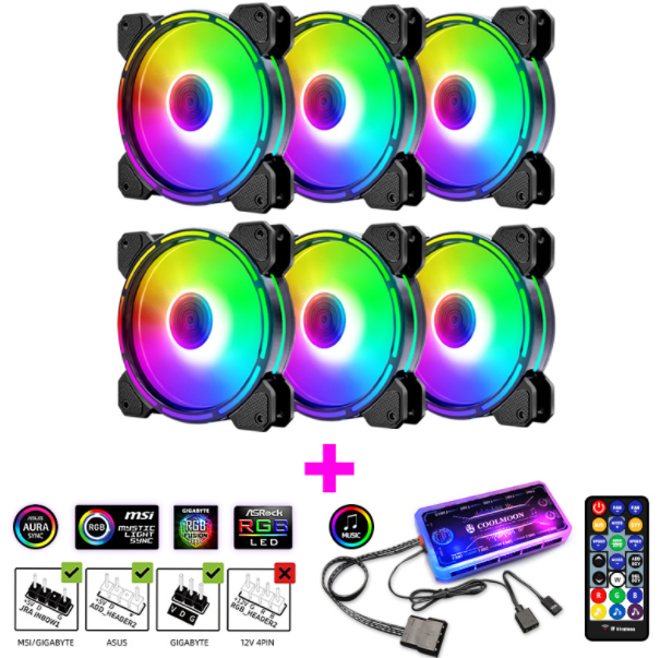Optical Wheel 2 RGB Case Fan 12cm Desktop Computer Inner and Outer Illuminated Fine Aperture Silent Color-Changing Case Fan (6 Optical Wheel II Internal and External Illuminated Fans + 1 Set of Music ARGB Controller)