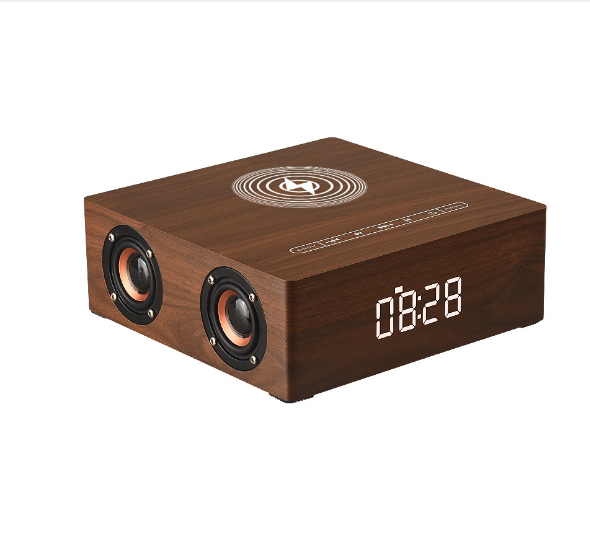 Wood Wireless Charging Bluetooth Speaker Smart Touch Clock Sound Brown Wood Grain (English Version)
