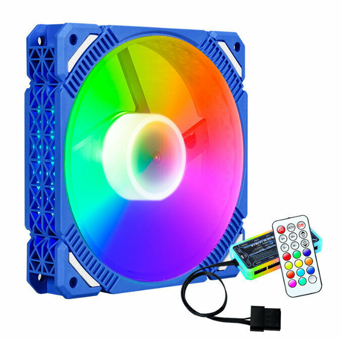 Computer Case RGB Color Changing Radiator Large Airflow Silent Cooling Fan (Blue Frame 6pin Fantasy Mode (Remote Control Control))