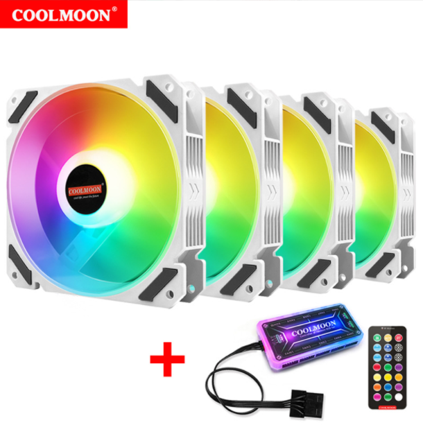 Cool Moon JOY Case Fan 12cm Desktop Computer Host Radiator Silent LED White Glowing RGB Fan (4 x JOY Fans + Standard Controller)