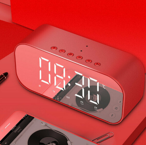 Mini Multi-function Mirror Dual Alarm Clock Bluetooth Speaker S5-Red