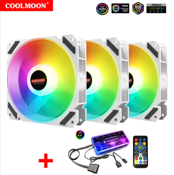 Cool Moon JOY Case Fan 12cm Desktop Computer Host Radiator Silent LED White Glowing RGB Fan (3 x JOY Fans + Music ARGB Controller)