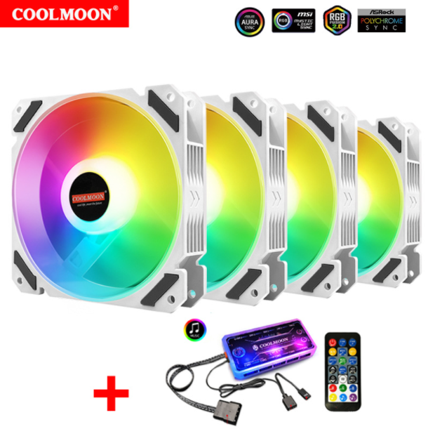 Cool Moon JOY Case Fan 12cm Desktop Computer Host Radiator Silent LED White Glowing RGB Fan (4pcs JOY Fan + Music ARGB Controller)