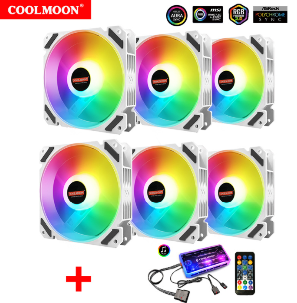 Cool Moon JOY Case Fan 12cm Desktop Computer Heatsink Silent LED White Glowing RGB Fan (6pcs JOY Fan + Music ARGB Controller)