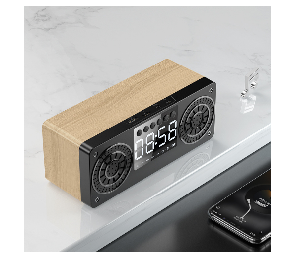 Wooden bluetooth clock alarm clock multimedia small speaker yellow wood grain (export version)
