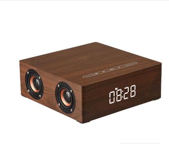 Wooden wireless bluetooth touch clock computer mobile phone play small speaker Q1C brown wood grain (English version)
