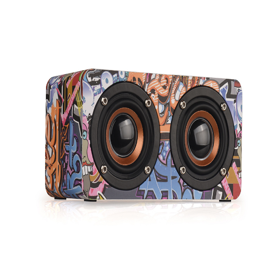 Portable Wireless Wooden Mini Speaker Mobile Phone Home Bluetooth Speaker Graffiti Color (English Version)