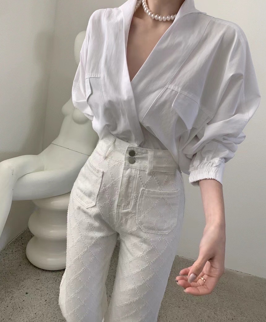 正韓絕美V領知性縮袖襯衫