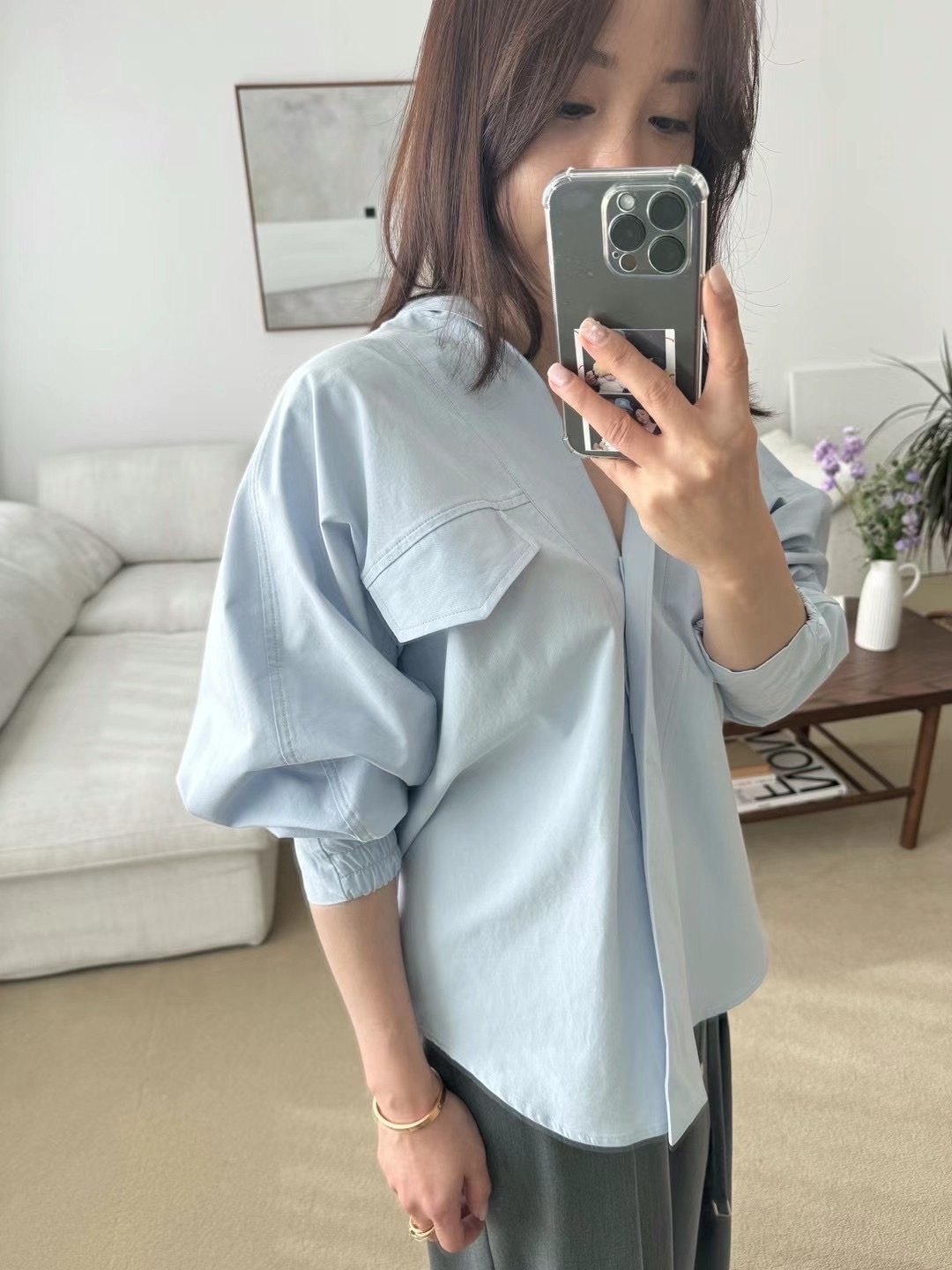 正韓絕美V領知性縮袖襯衫