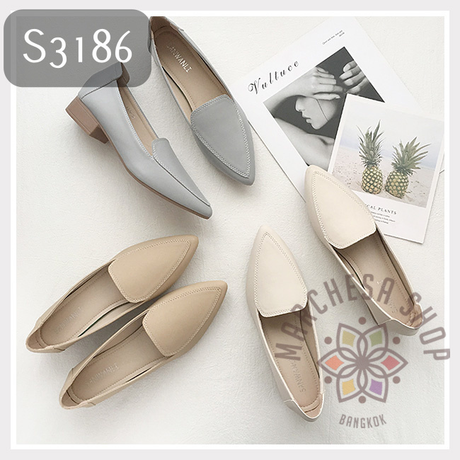 S3186 - 軟牛皮純色簡約尖頭平底休閒鞋
