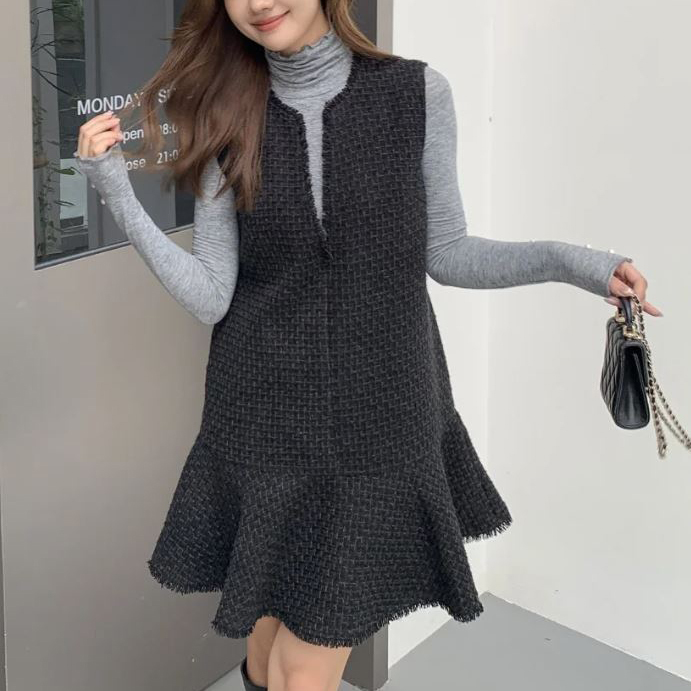 V字切口圓領魚尾裙擺背心裙短洋裝-F / 2色 (Elegant & Love)