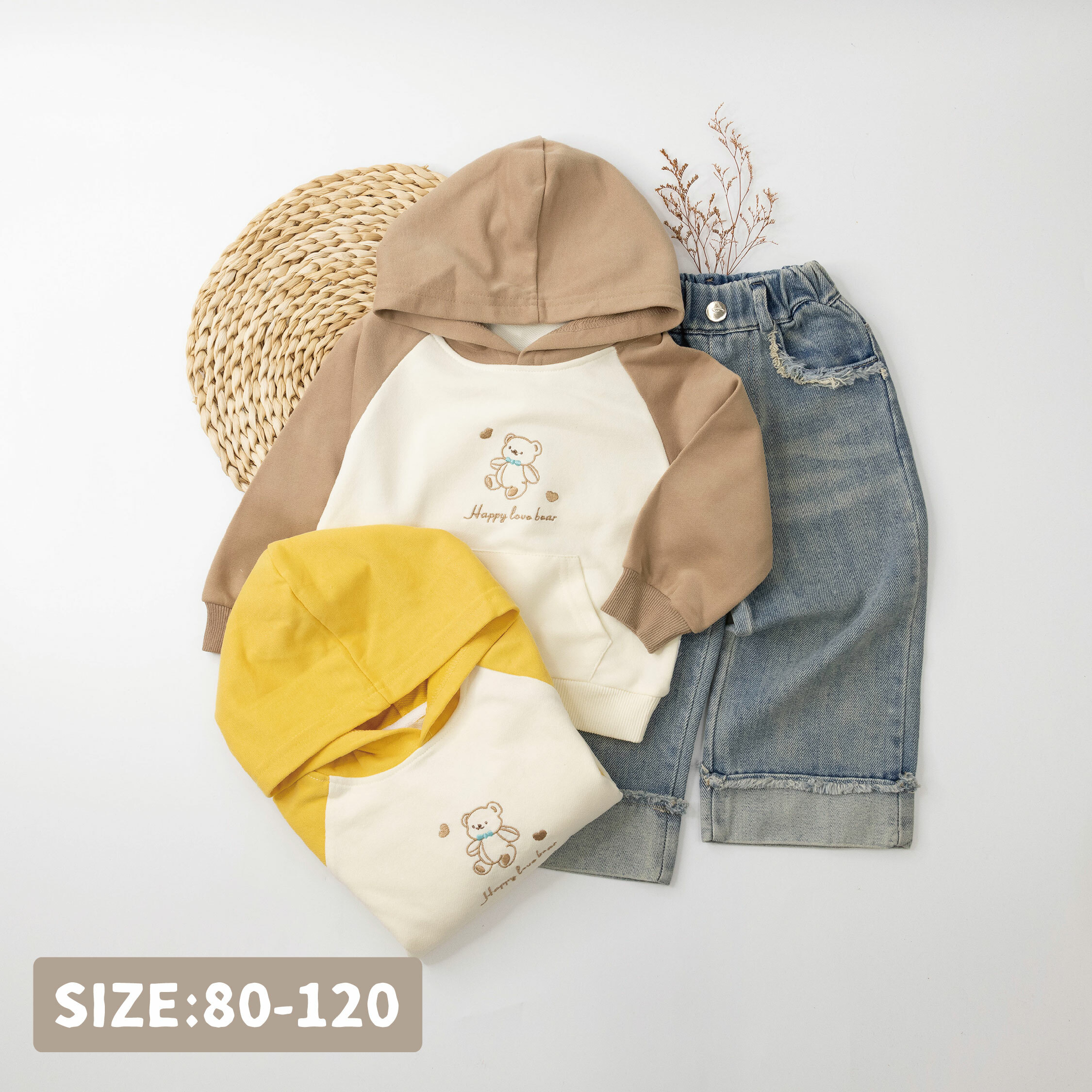 【H35839】愛心熊熊拼接袖連帽上衣/帽T