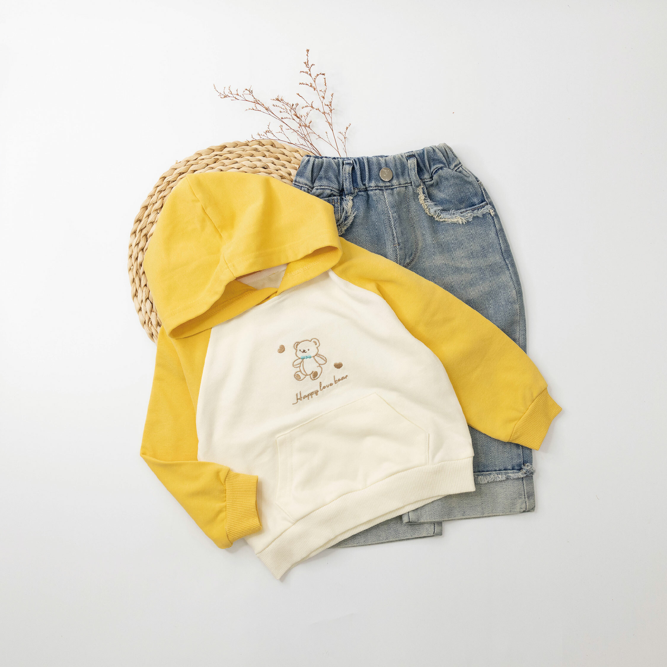 【H35839】愛心熊熊拼接袖連帽上衣/帽T