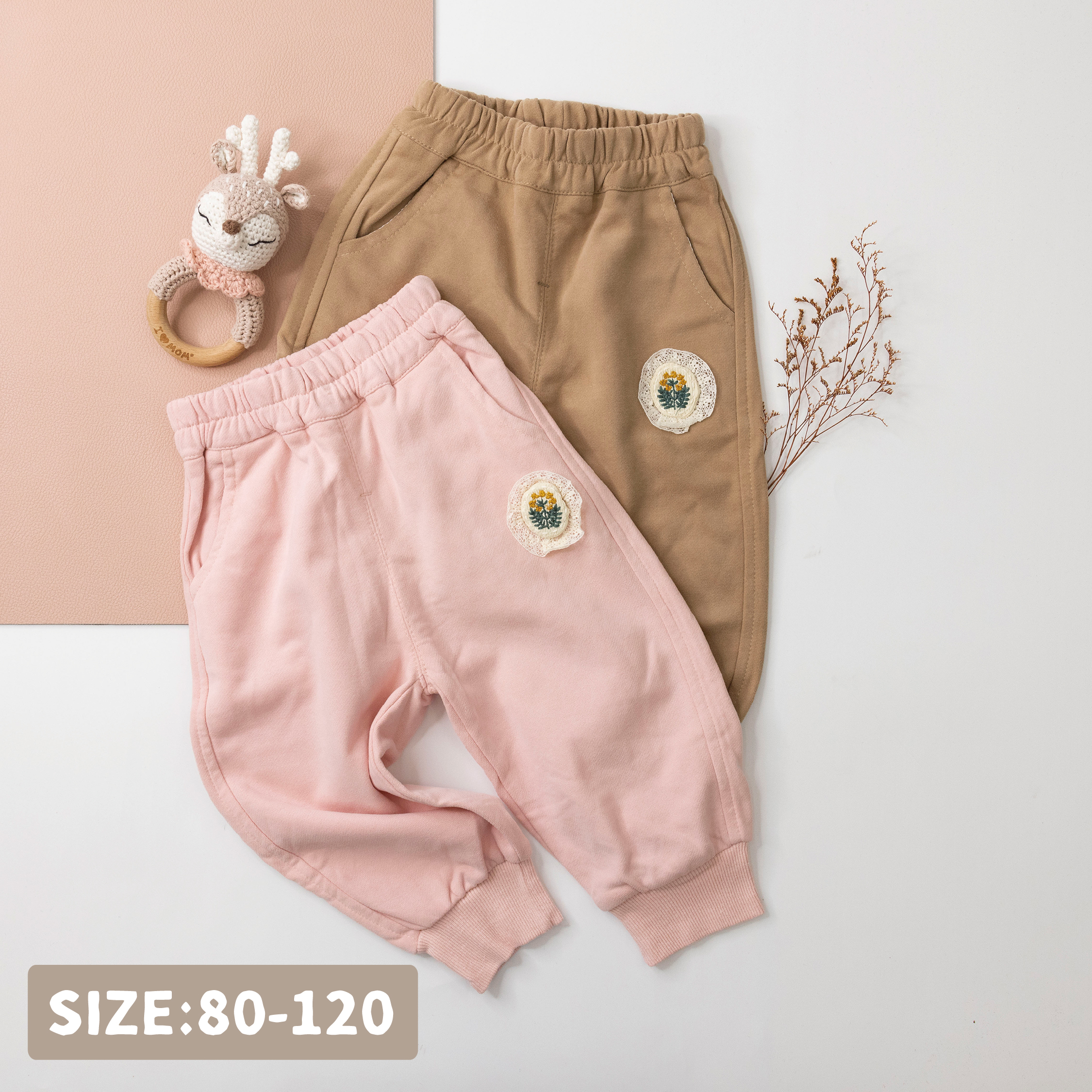 【H35855】復古蕾絲花朵刺繡縮口褲＊二色