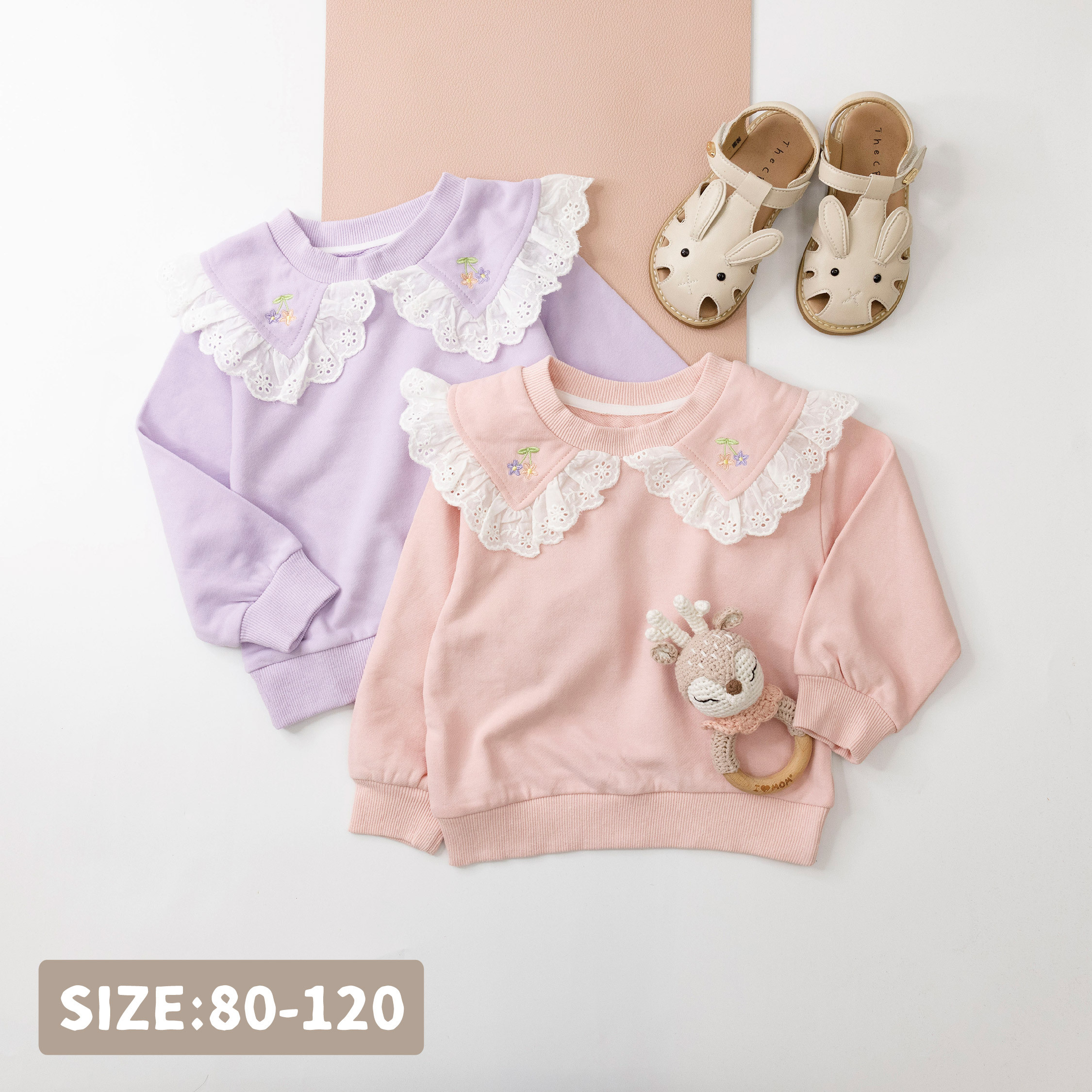 【H35840】氣質荷葉領刺繡小花上衣＊二色