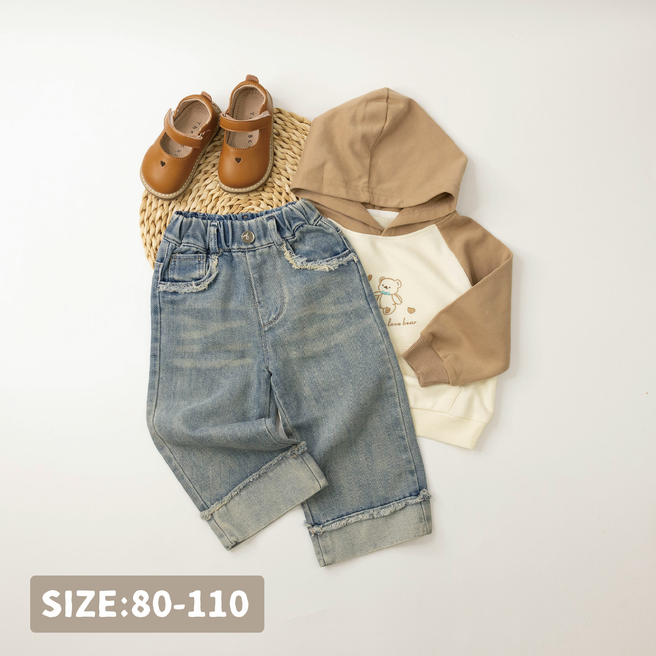 【H35624】百搭抽鬚反褶設計牛仔長褲