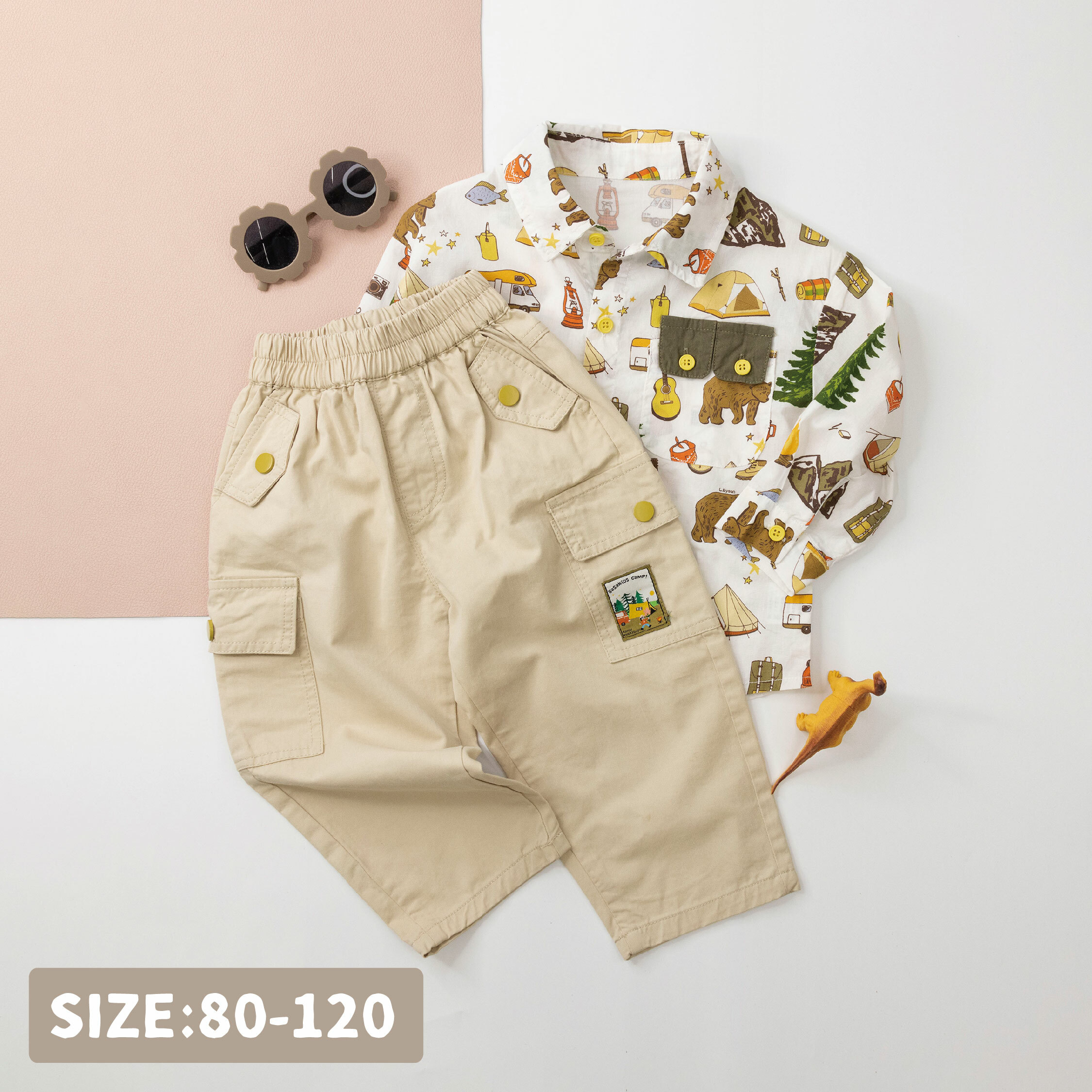 【H35807】質感鈕釦露營小布標工裝褲