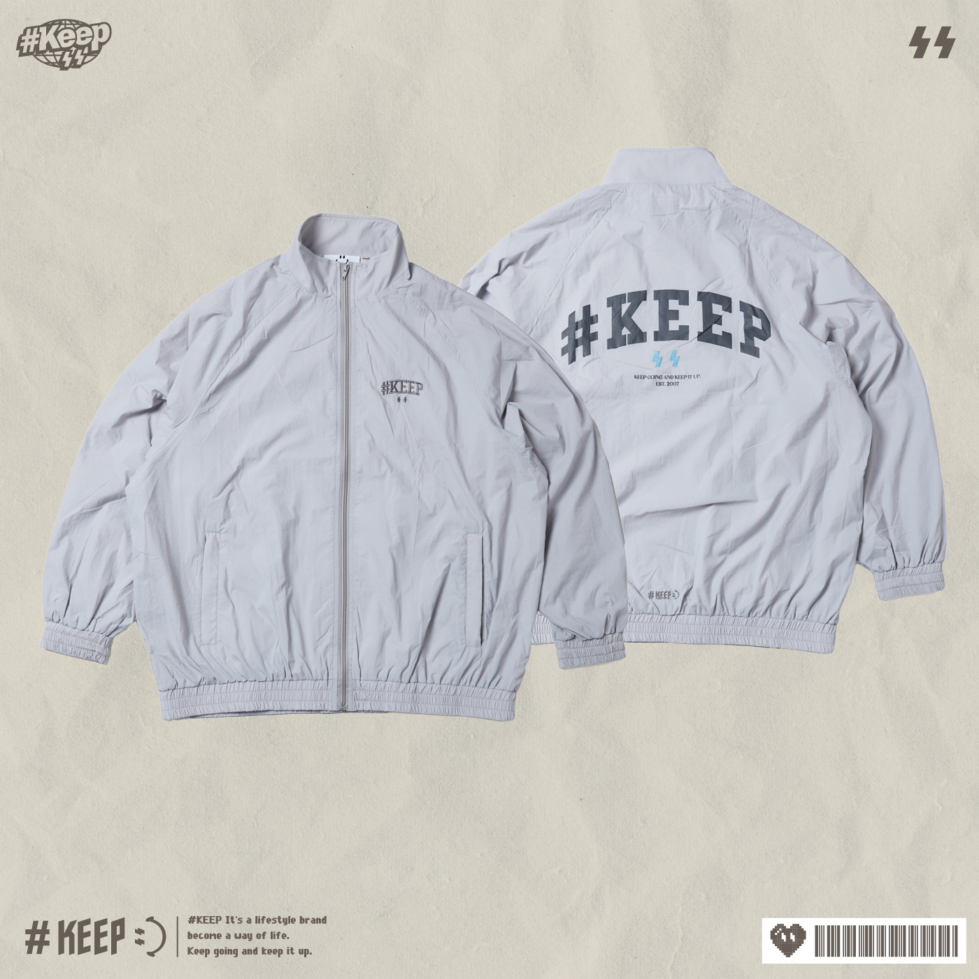 #KEEP LOGO WINDBREAKER 灰銀 黑色 基本款 標語 閃電微笑 立領 落肩 防風 風衣 外套【KS236】