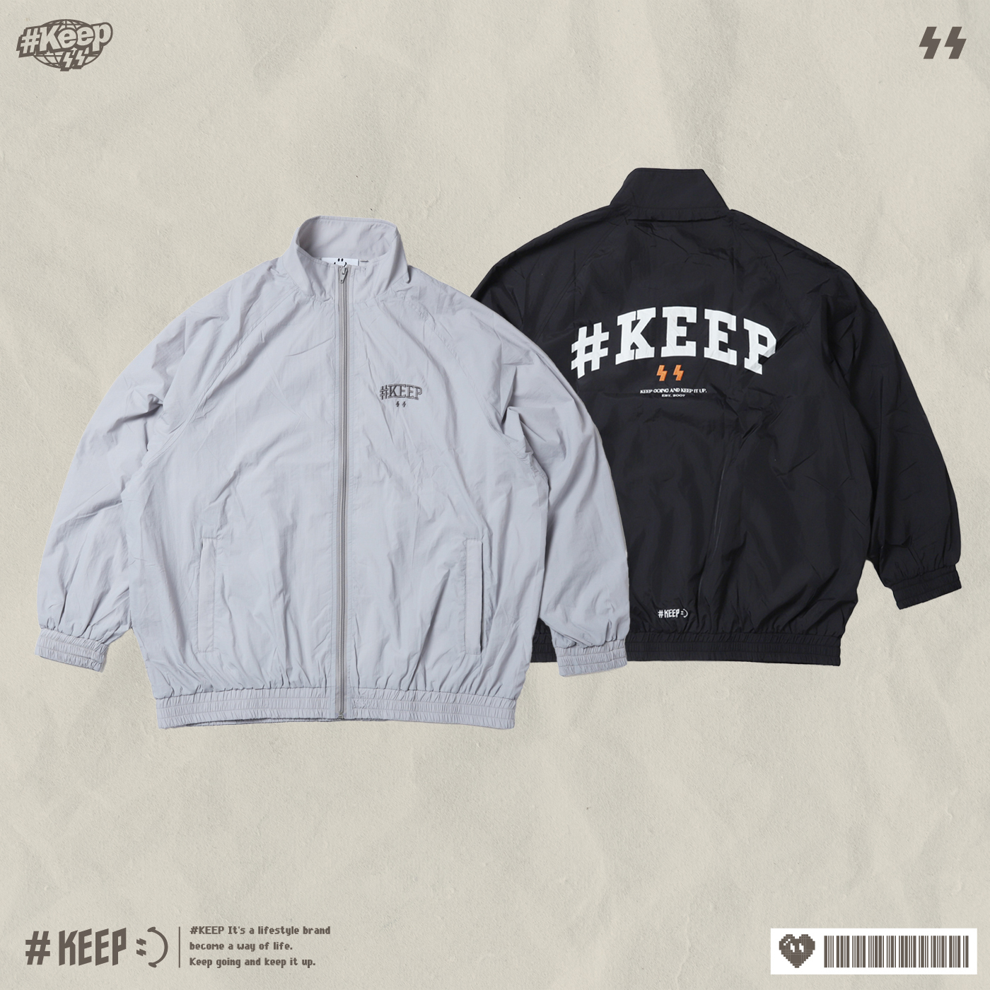 #KEEP LOGO WINDBREAKER 灰銀 黑色 基本款 標語 閃電微笑 立領 落肩 防風 風衣 外套【KS236】