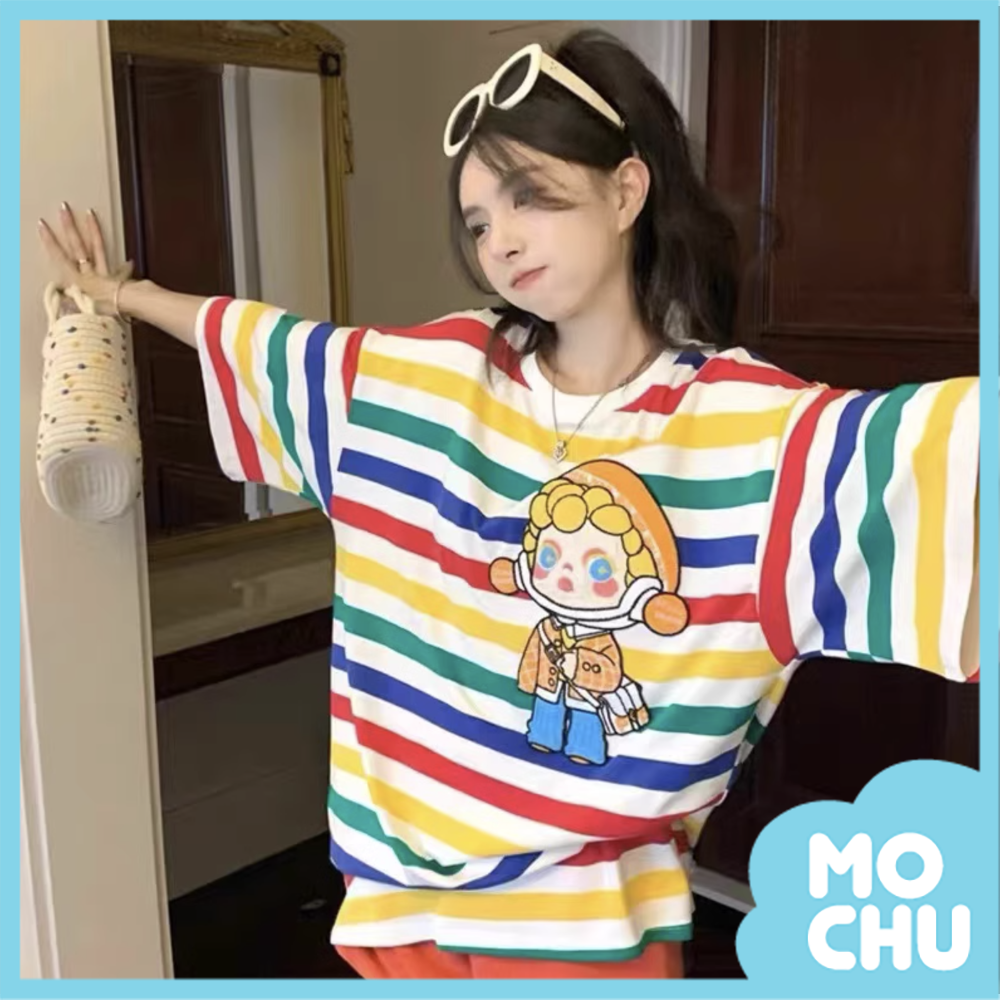 (L.XL.2XL現貨)娃娃印刷彩色條紋寬版上衣