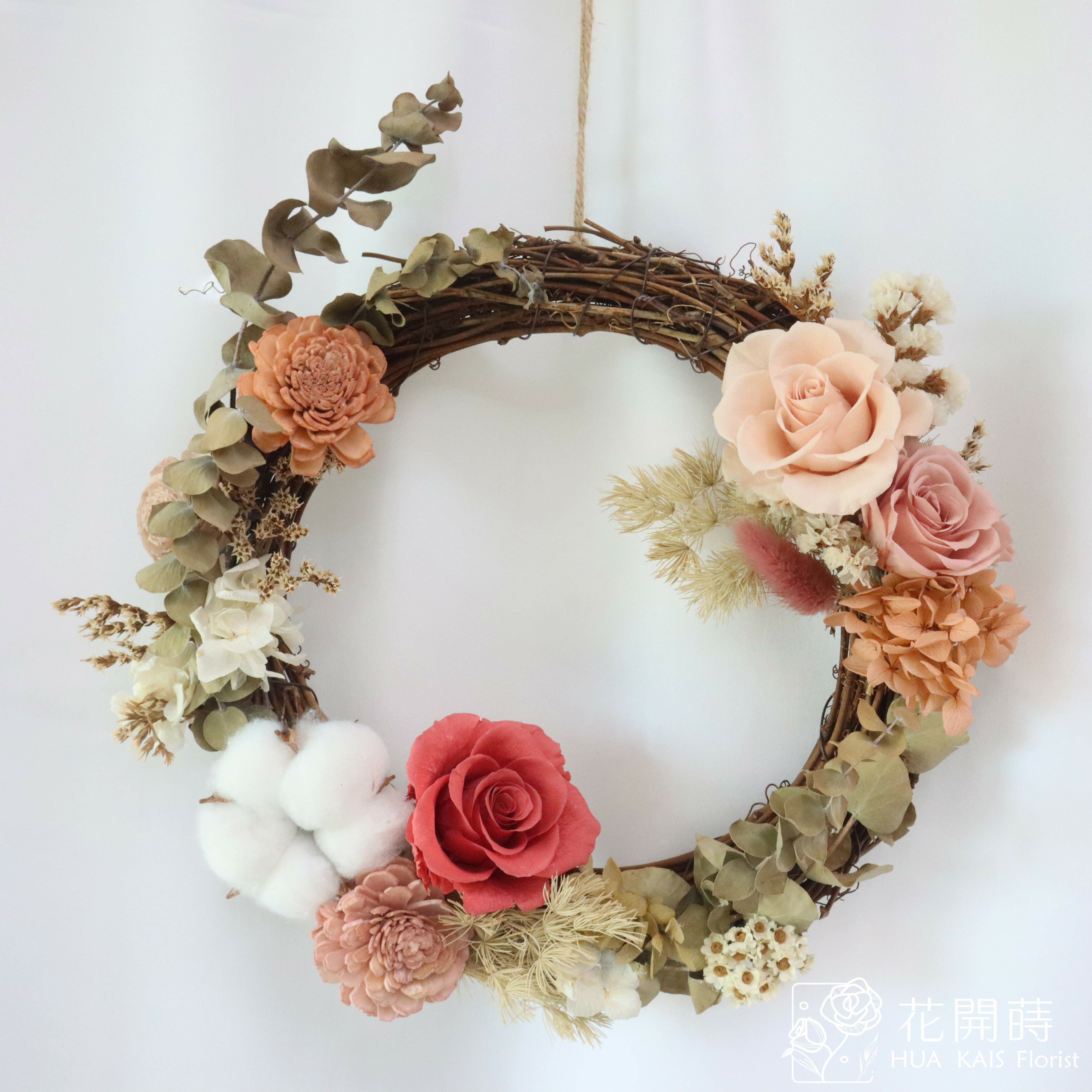 永生花圈|復古奶茶花圈|開幕花禮|永生花掛飾|復古風格|永生花禮|生日禮物|入厝禮