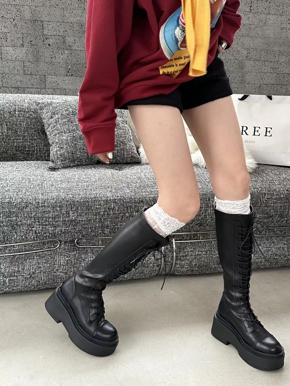 (黑37)免綁繩後拉鍊超厚底長靴