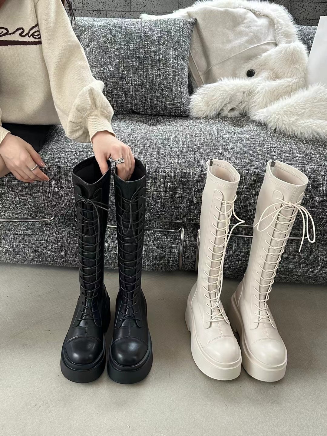 (黑37)免綁繩後拉鍊超厚底長靴