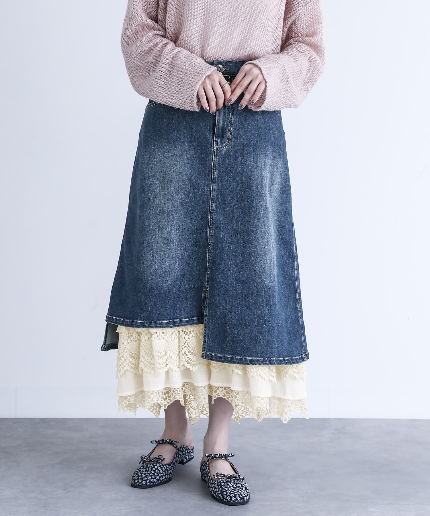 預購 - JP 蕾絲內襯不對稱牛仔裙