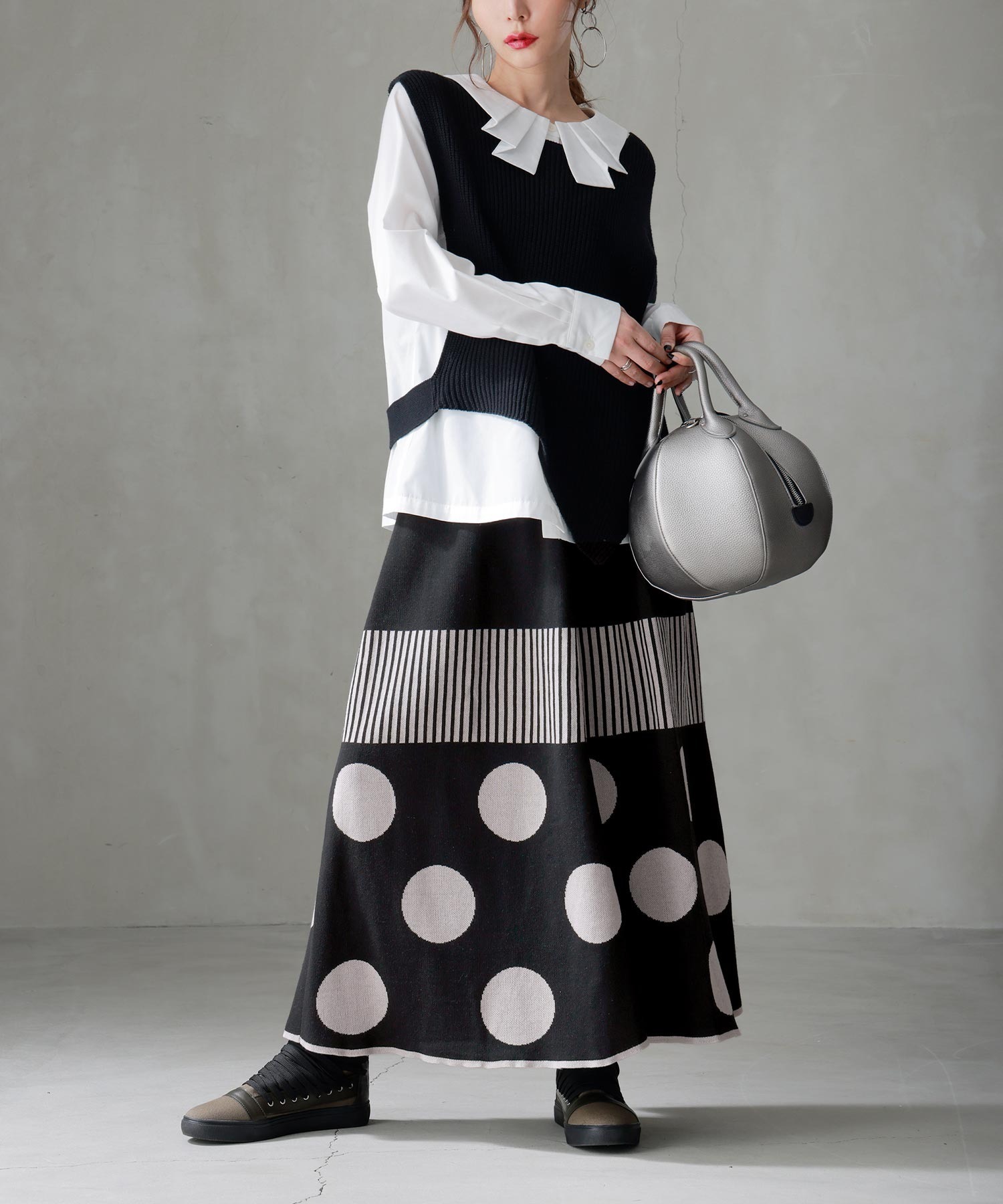 預購 - JP 波點拼布針織Skirt