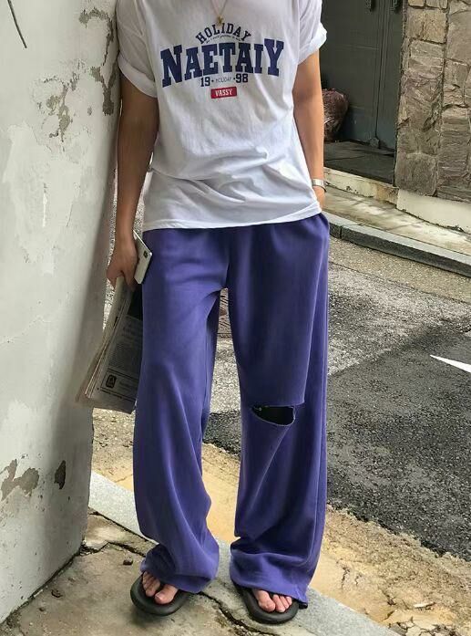 淨色破洞棉質鬆身褲 P2948