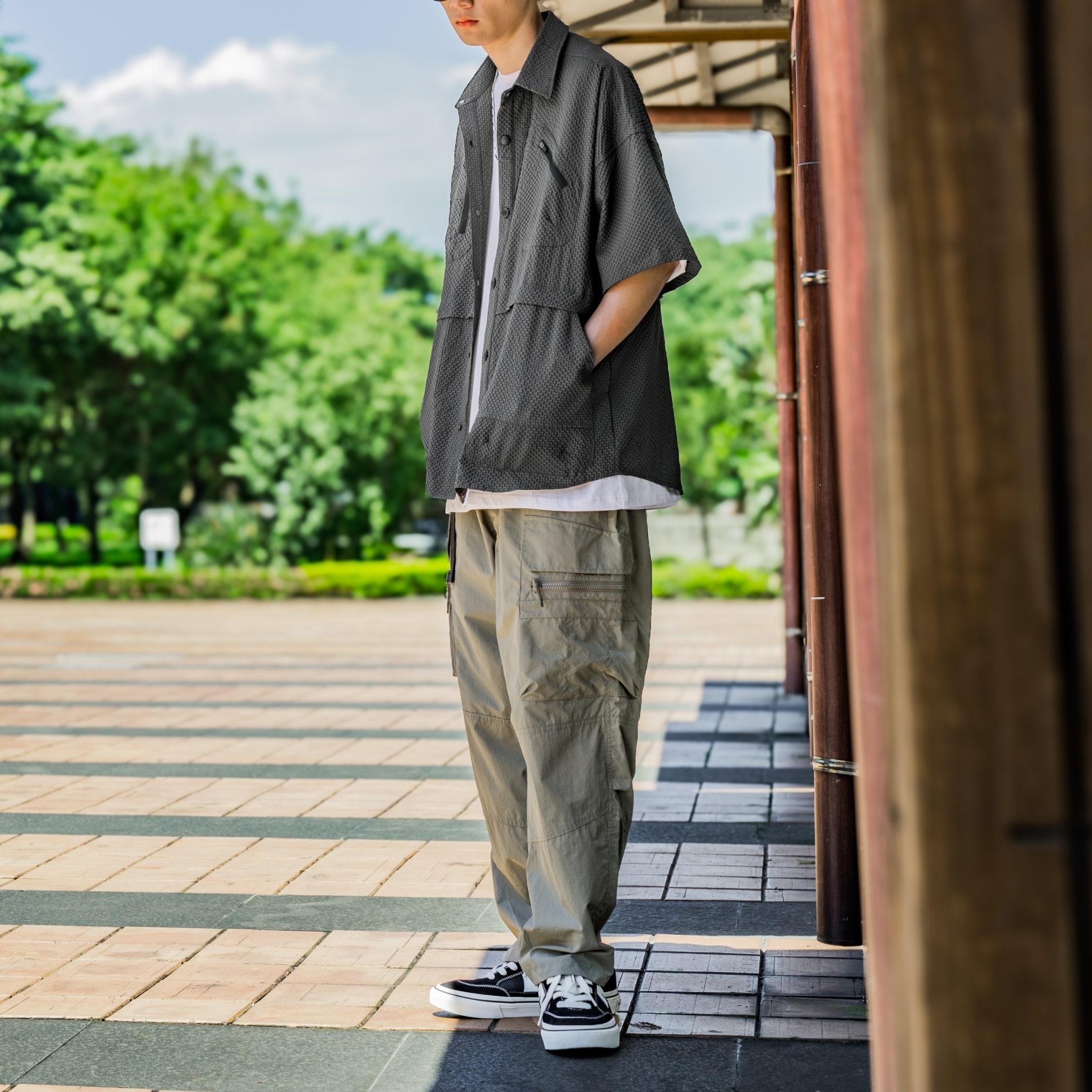 SBG 細格紋防潑水多口袋長褲 SB0620