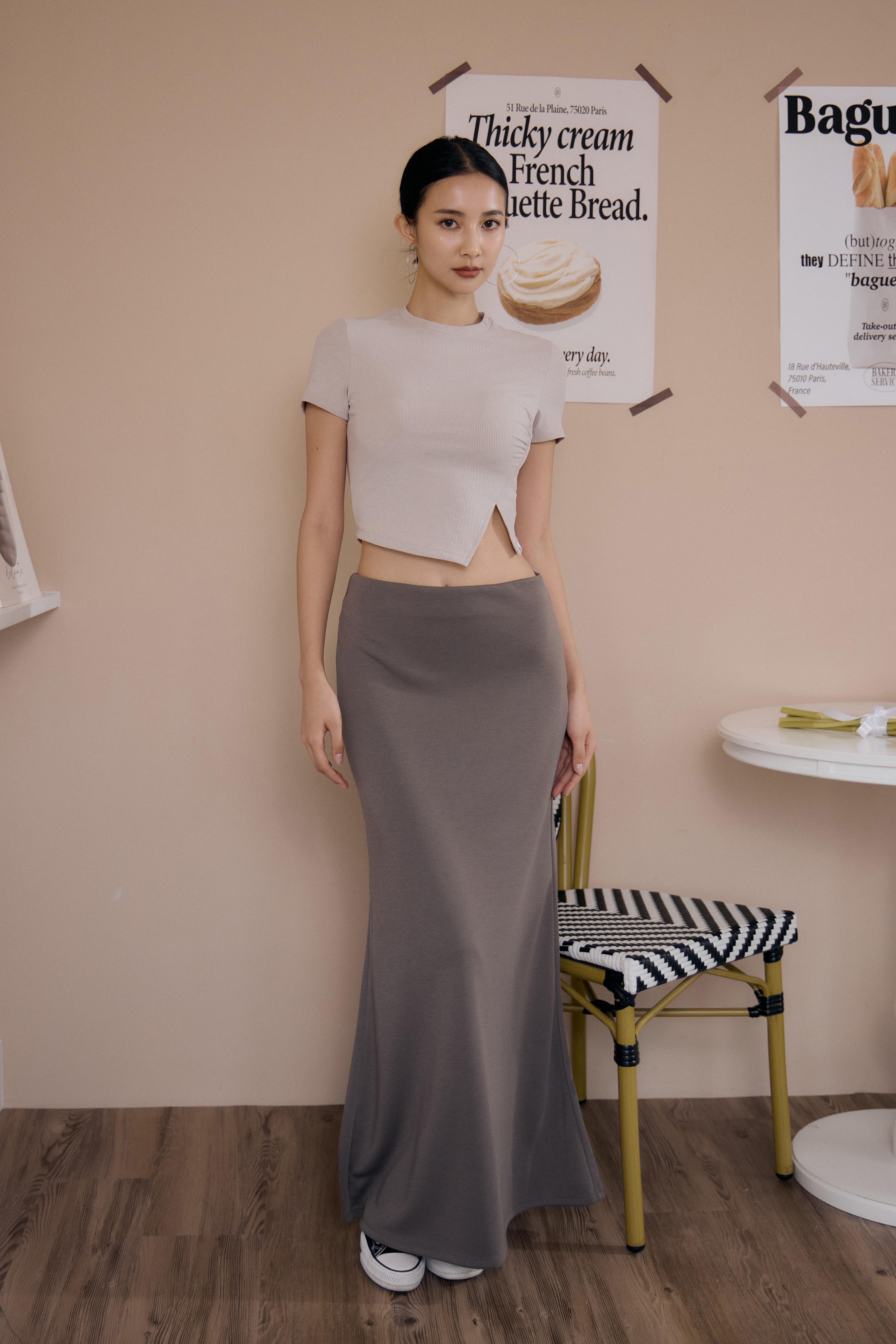 羅紋抽皺前開岔上衣- 杏