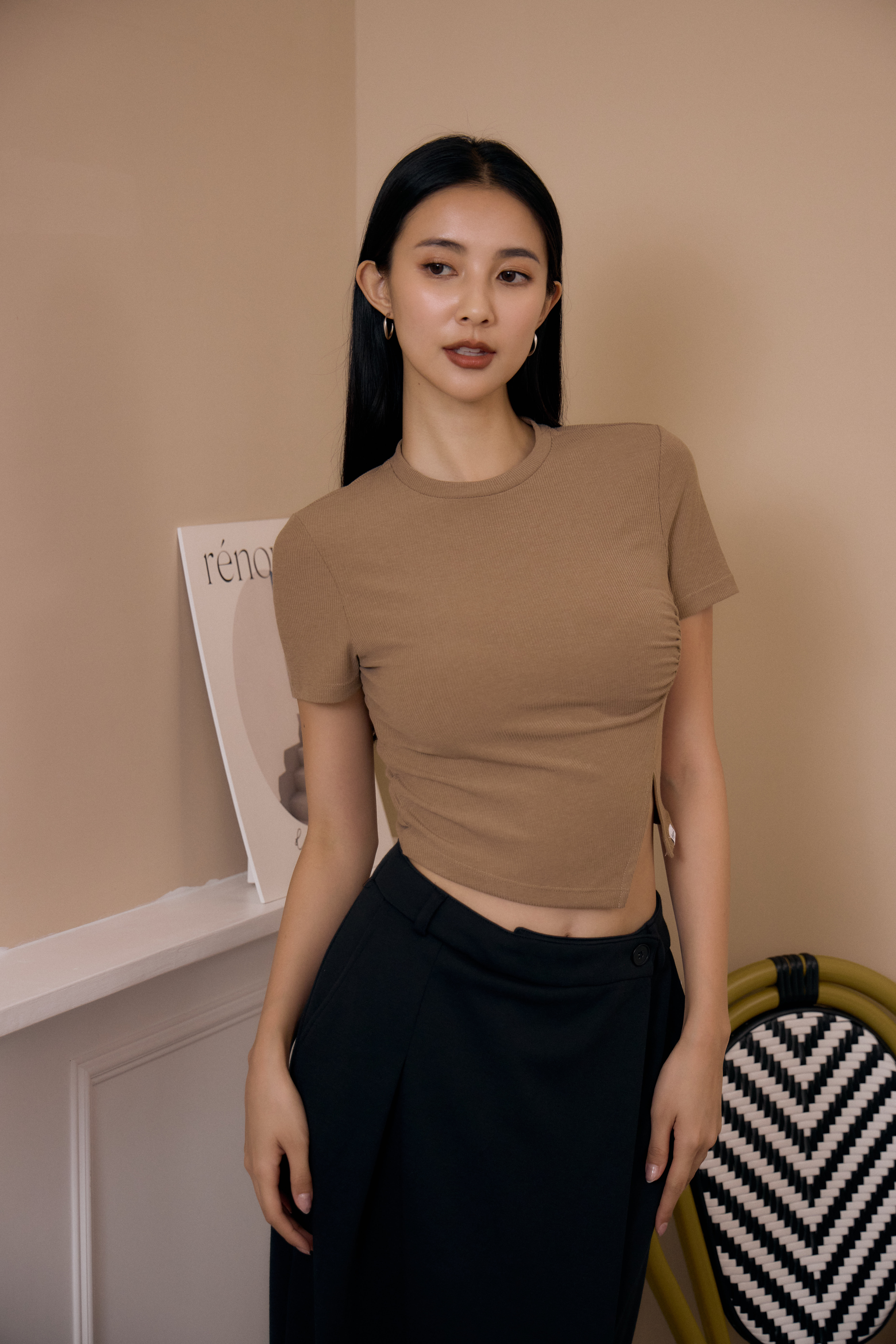 羅紋抽皺前開岔上衣- 棕