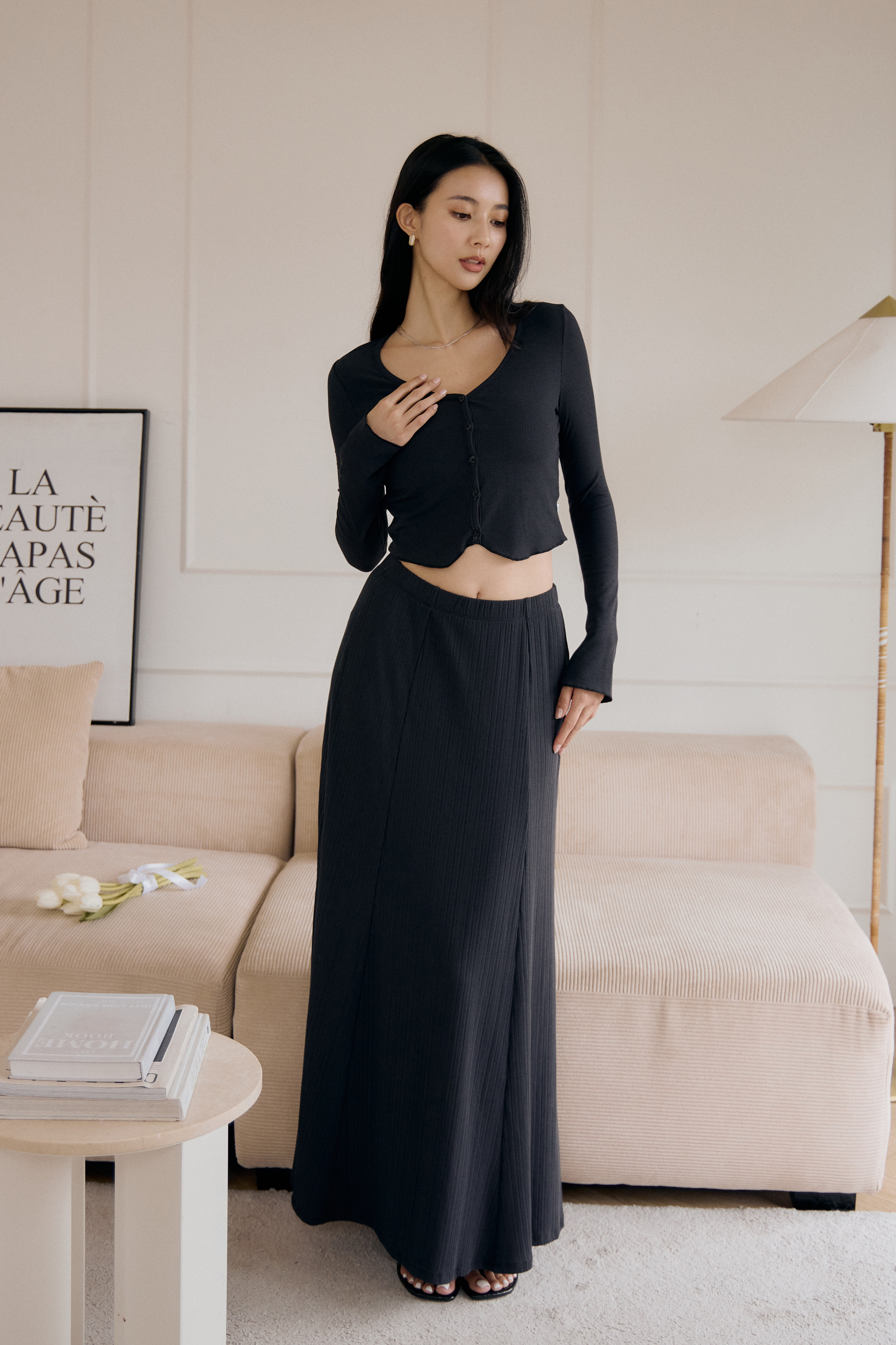 羅紋Long-Sleeve Cardigan- 黑