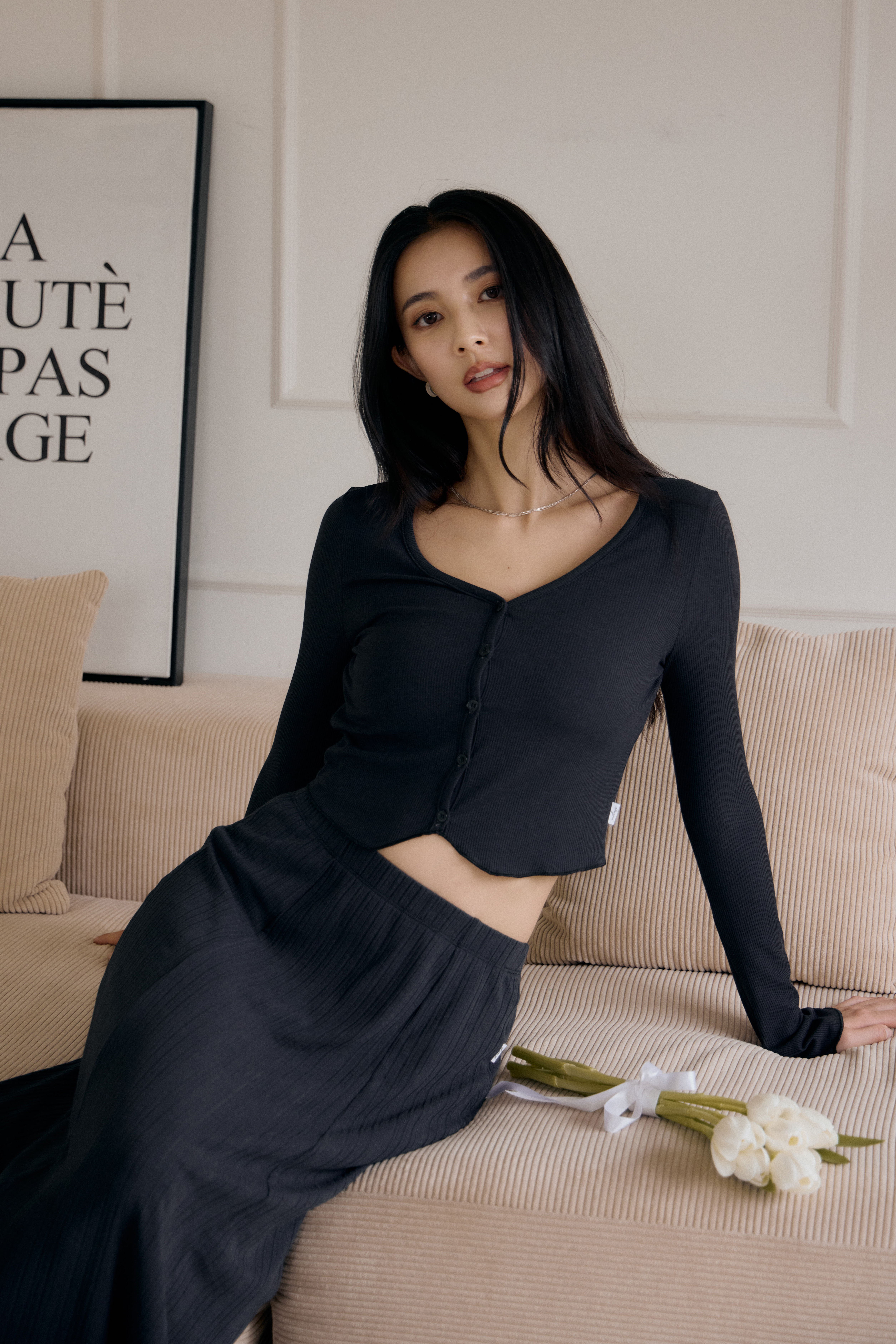 羅紋Long-Sleeve Cardigan- 黑