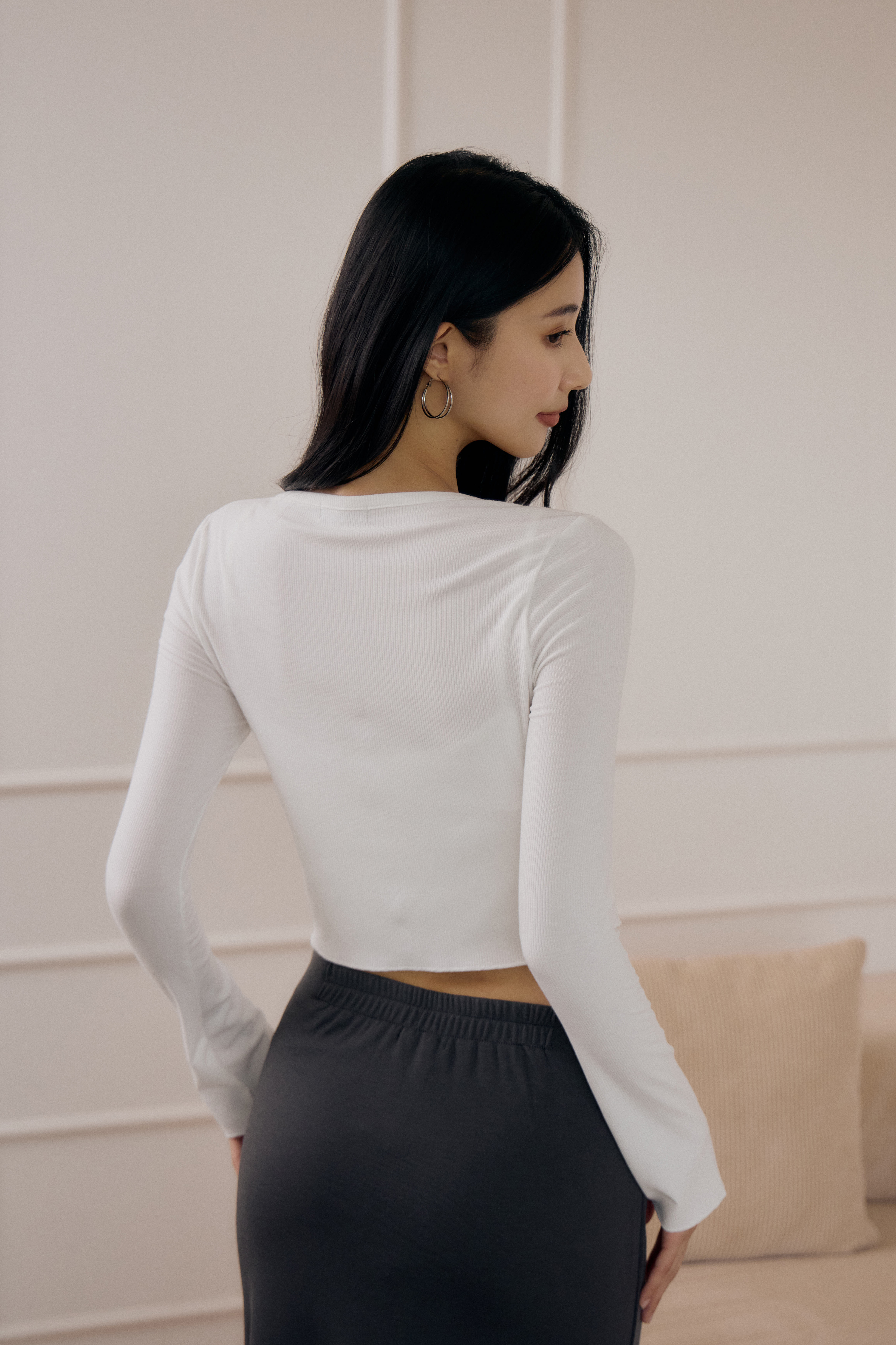 羅紋Long-Sleeve Cardigan- 白