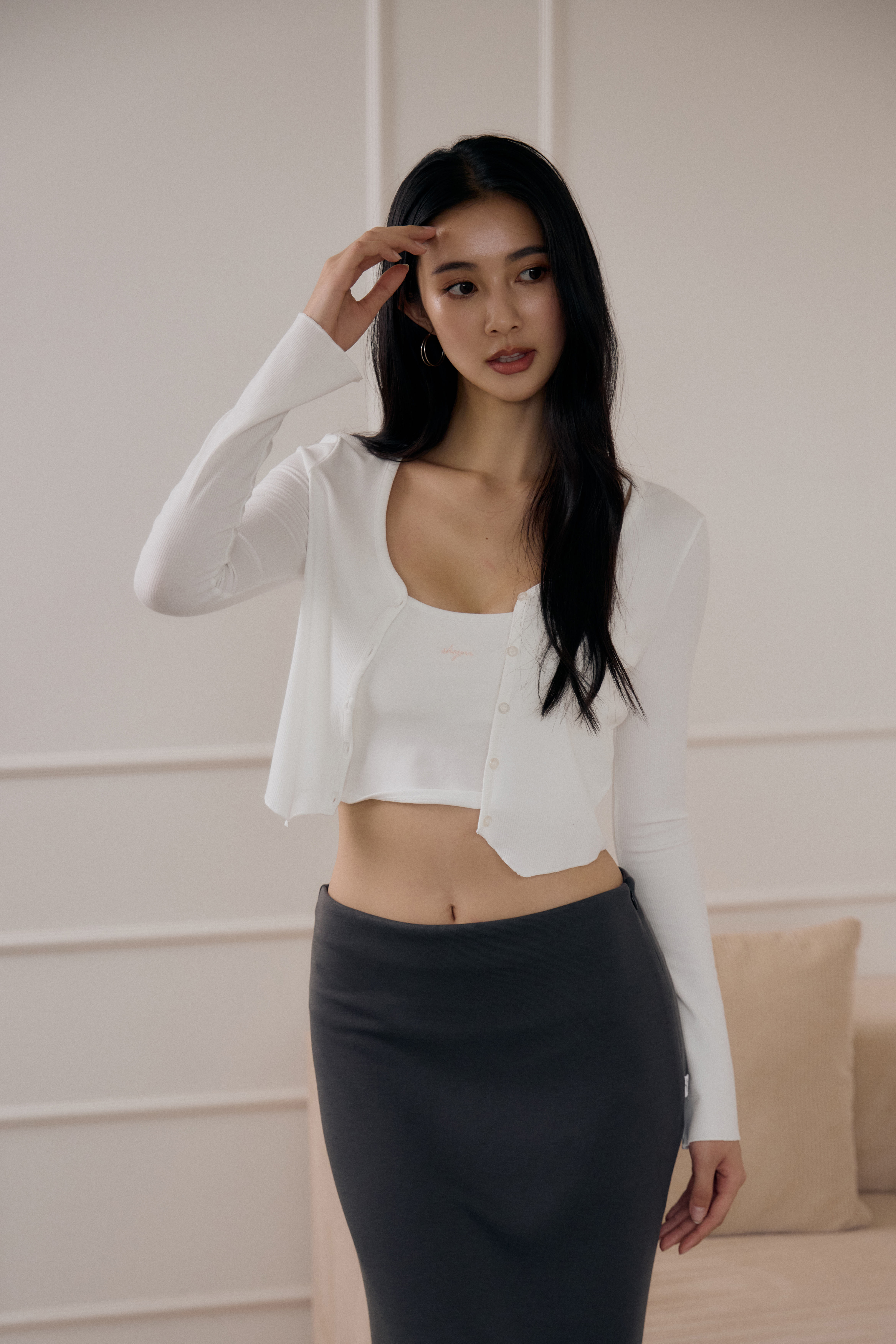 羅紋Long-Sleeve Cardigan- 白