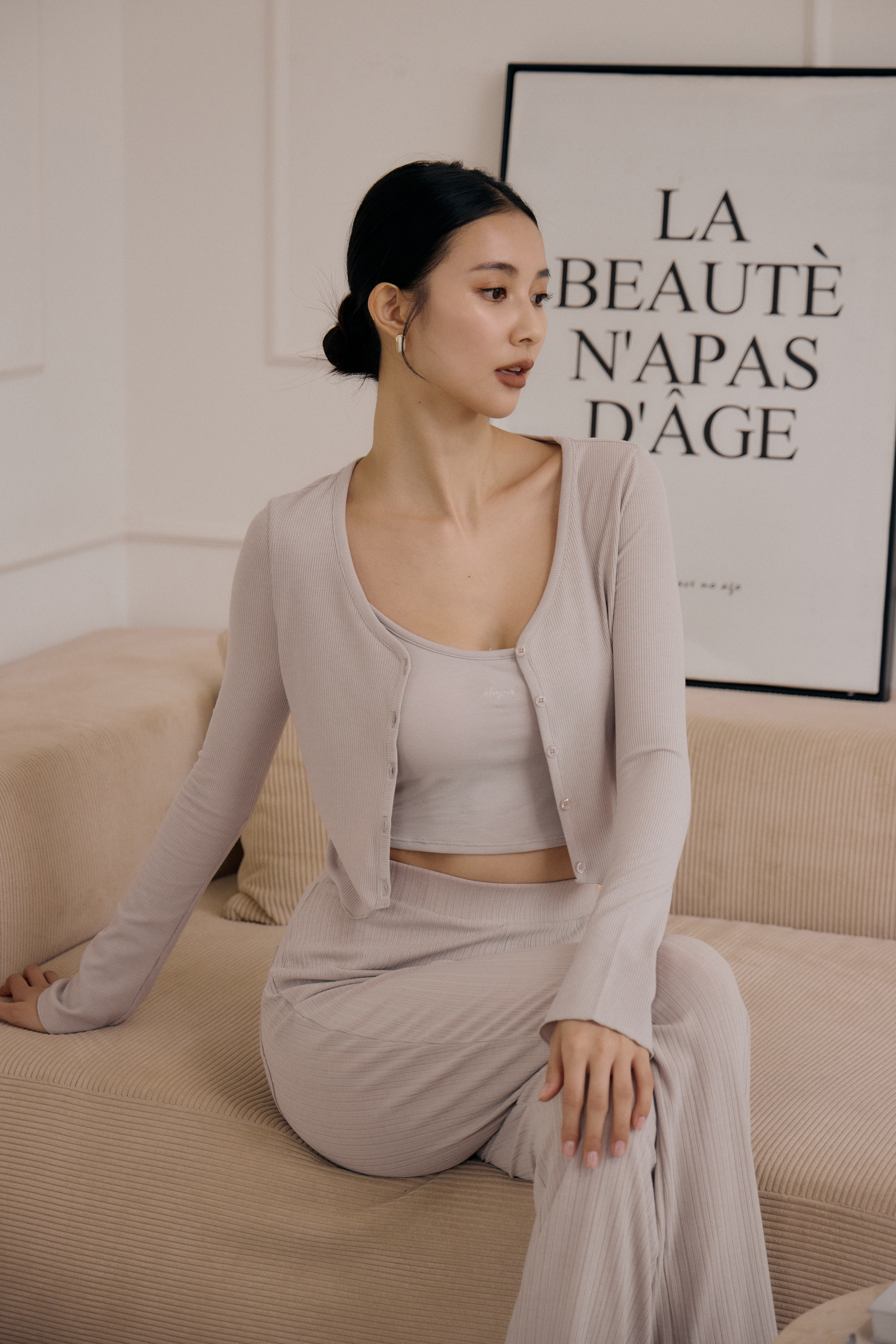 羅紋Long-Sleeve Cardigan- 米杏