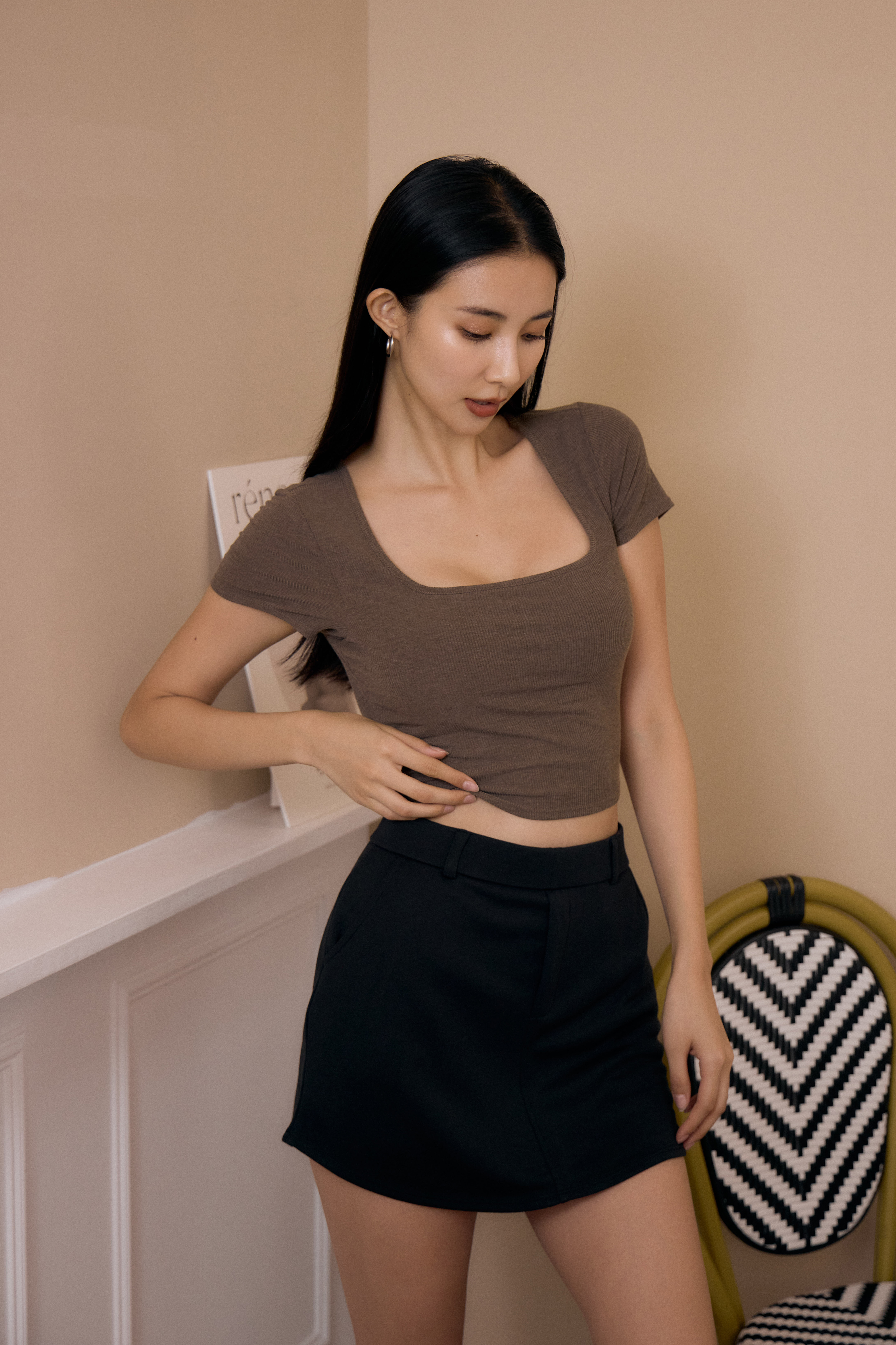 羅紋方領BRA TOP上衣- 咖啡