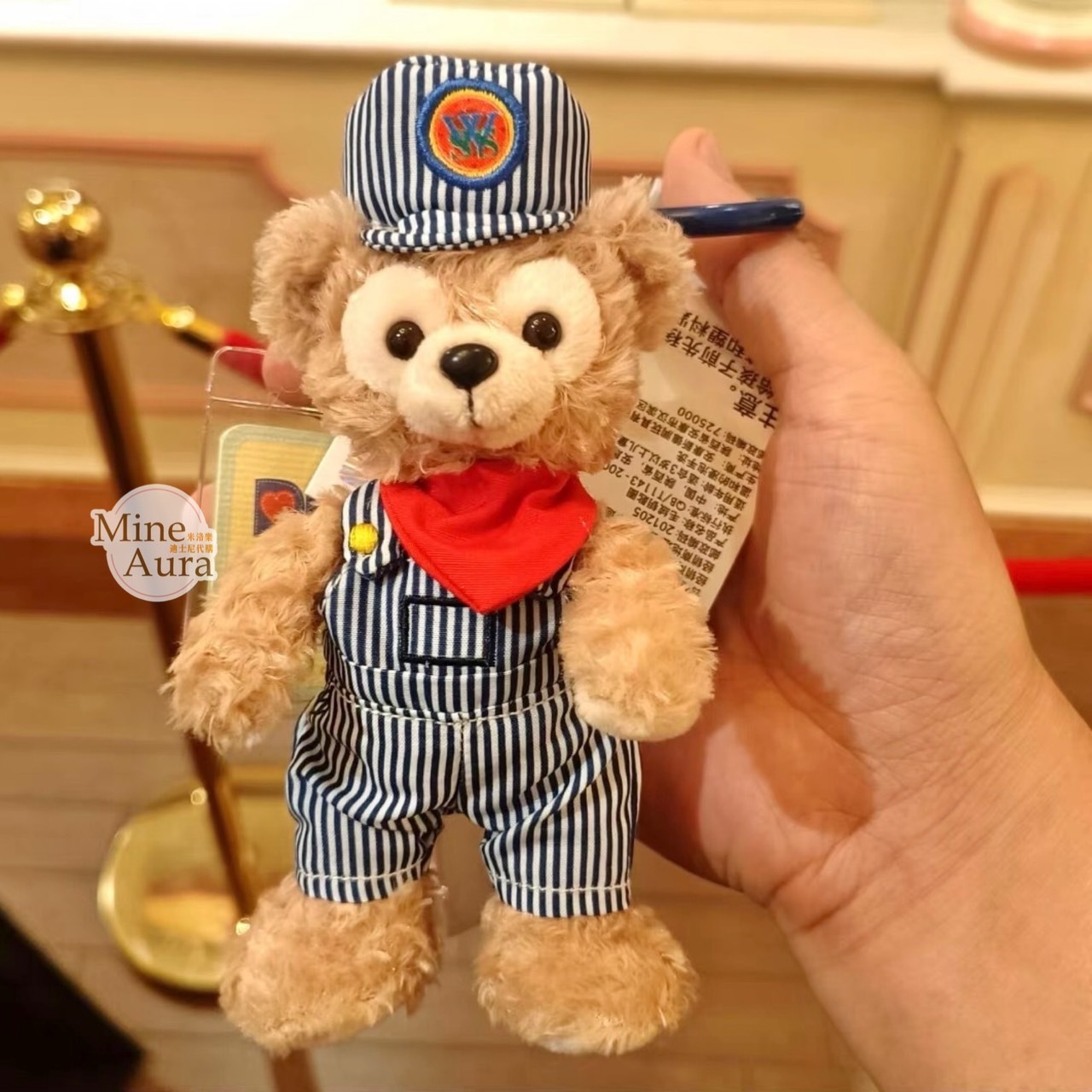達菲 Duffy 車長造型 直條紋吊帶褲 絨毛 鑰匙圈 吊飾 -上海迪士尼樂園